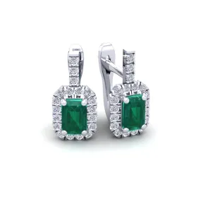 1 2/3 Carat Emerald And Halo Diamond Dangle Earrings In 14 Karat White Gold