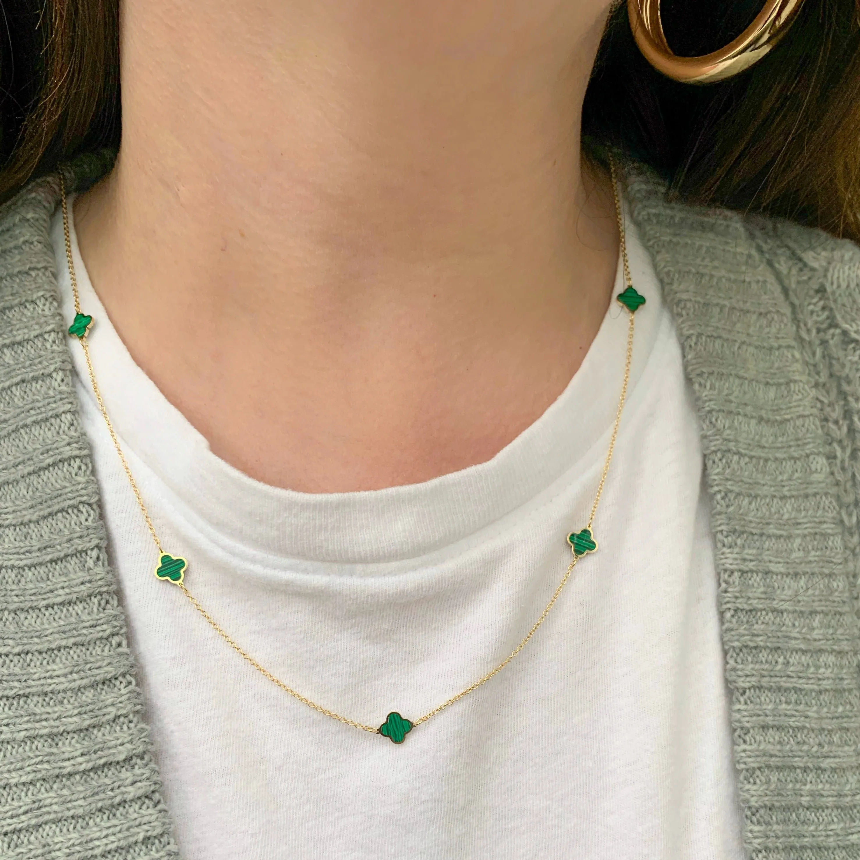 14K Gold Malachite Clover Necklace