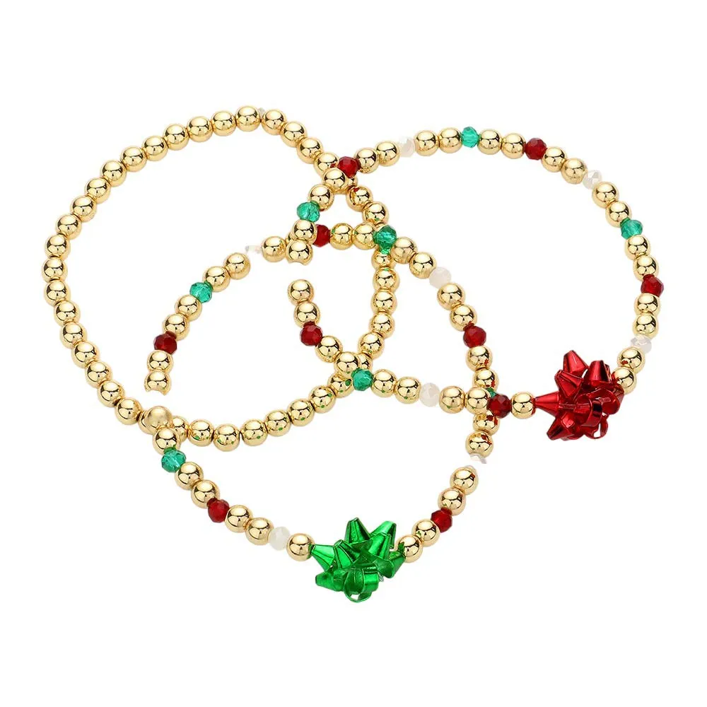 3PCS Christmas Bow Accented Metal Ball Stretch Bracelets