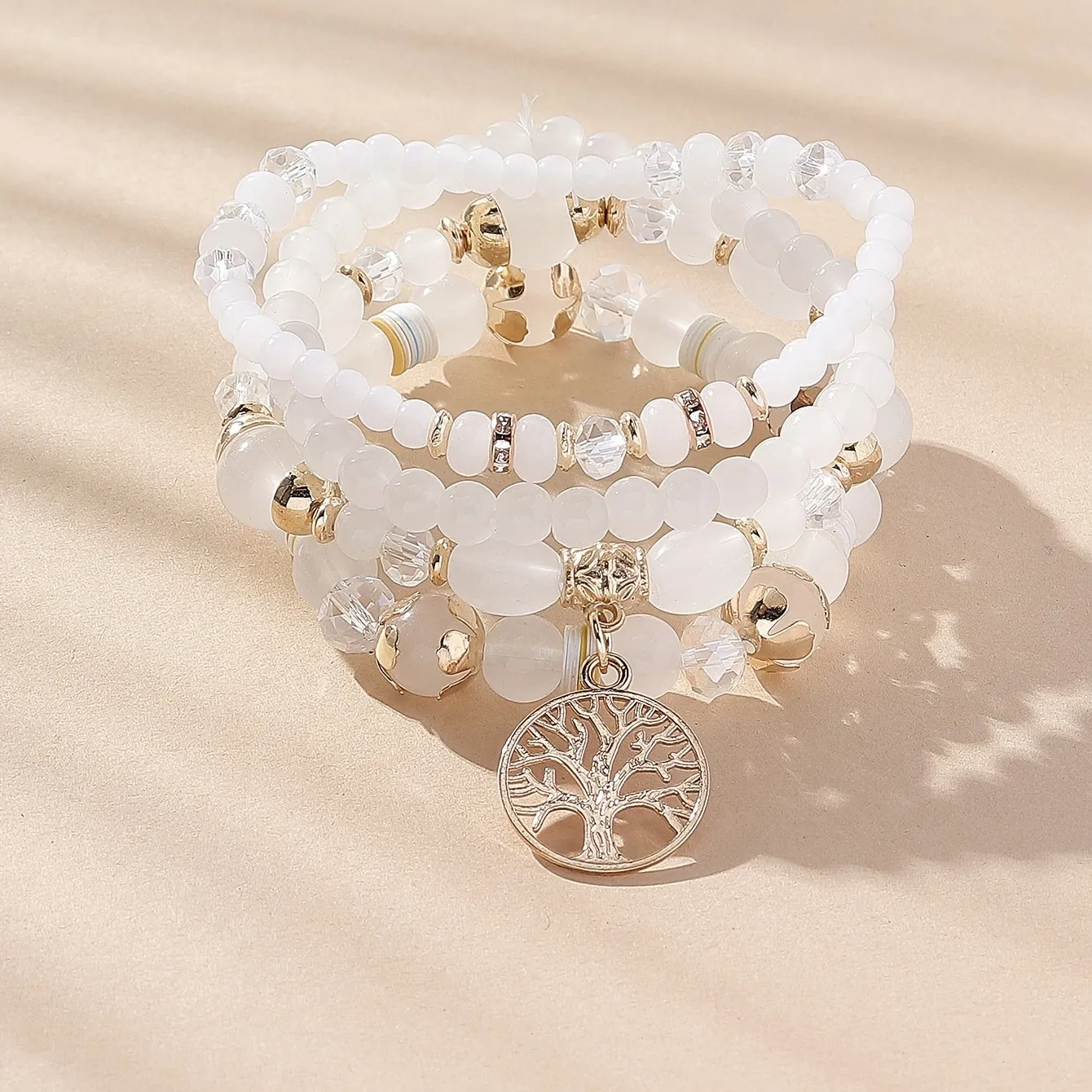 4 Pieces of Multi-Row Layered Bracelets with Tree of Life Pendant