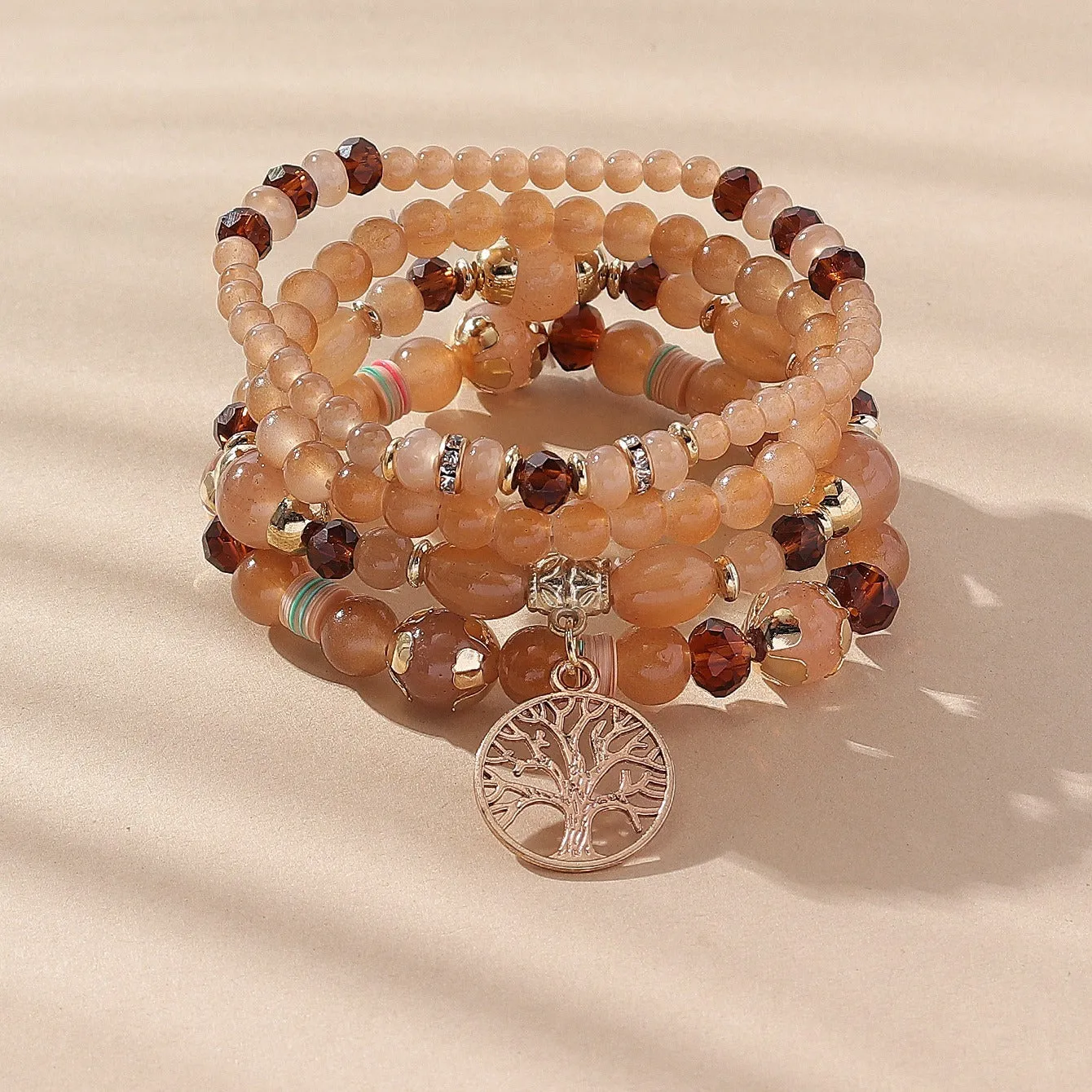 4 Pieces of Multi-Row Layered Bracelets with Tree of Life Pendant