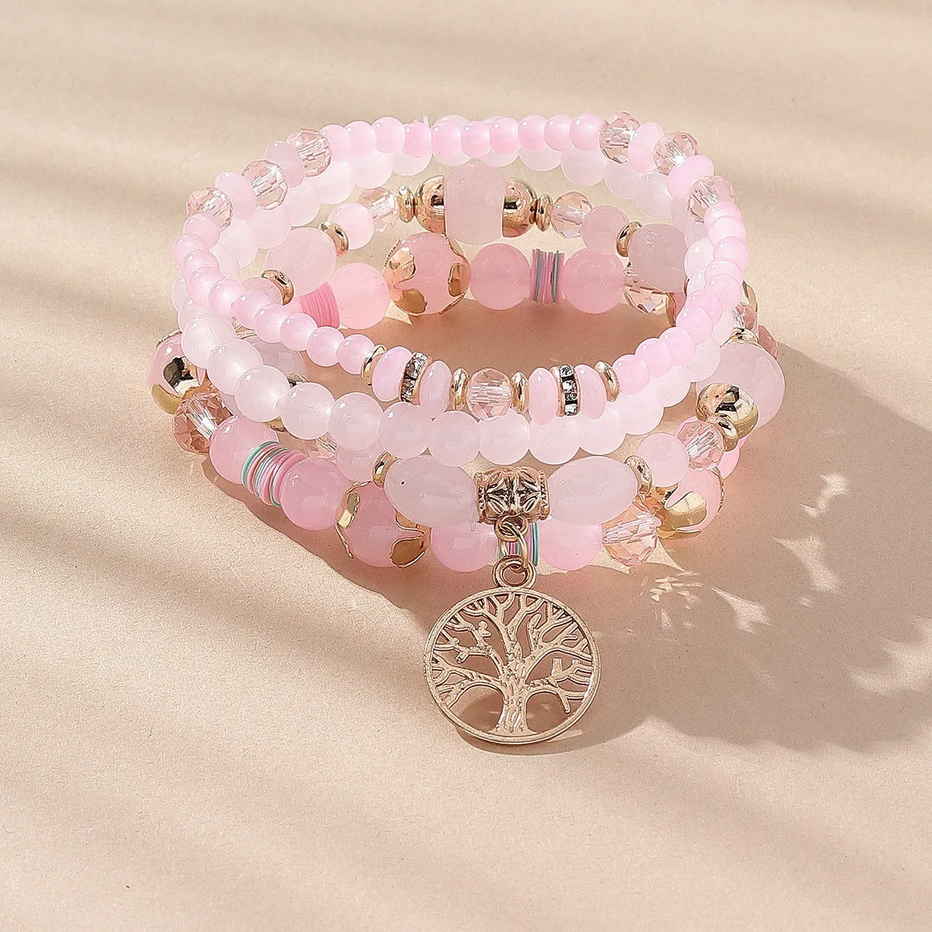 4 Pieces of Multi-Row Layered Bracelets with Tree of Life Pendant