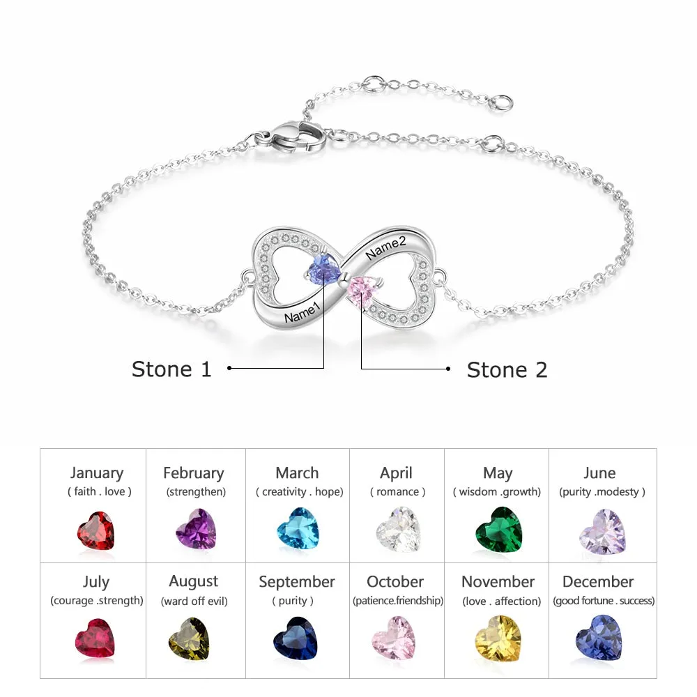 925 Sterling Silver Customized Infinity Bracelet with Heart Birthstone Personalized Engrave Name Bracelets for Lovers