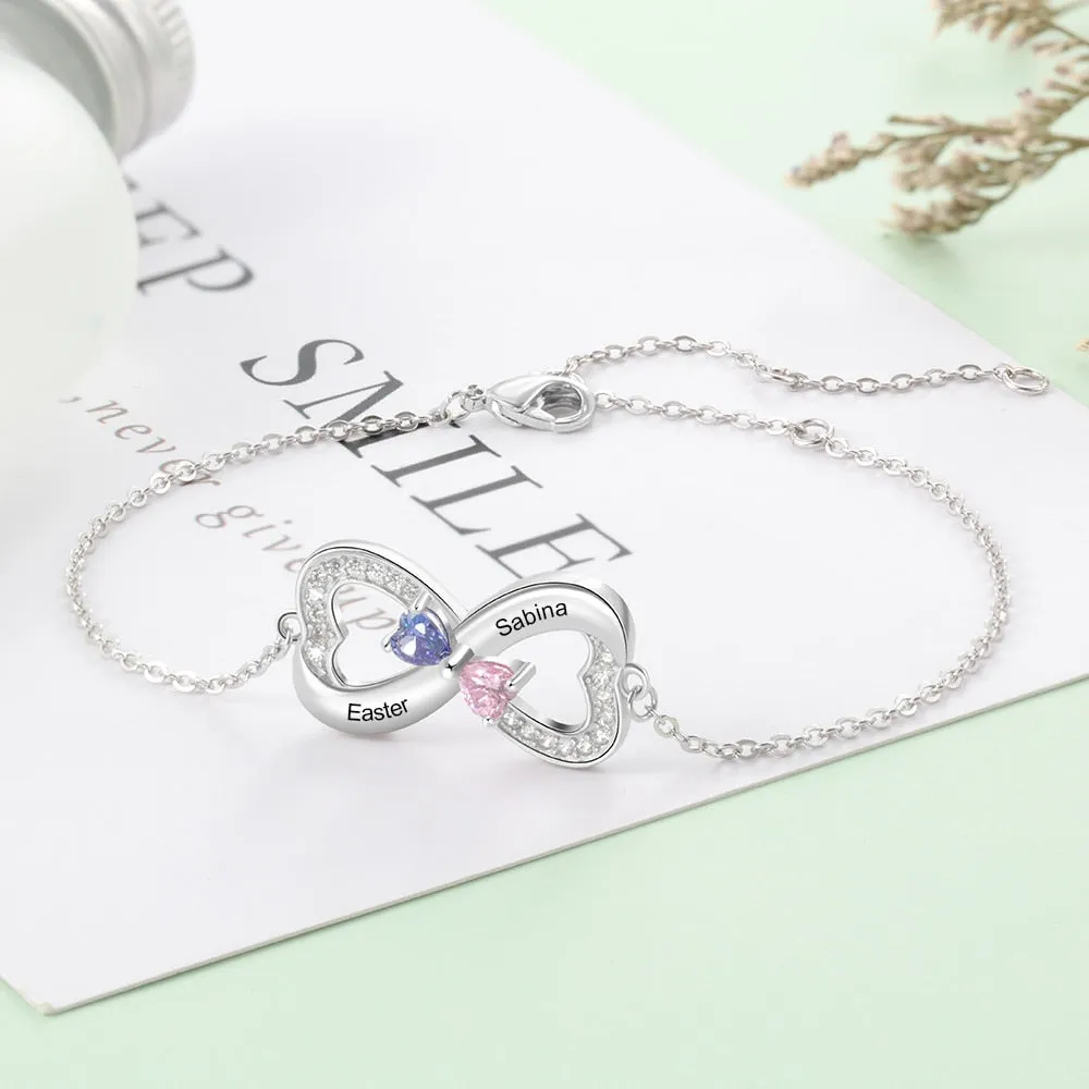 925 Sterling Silver Customized Infinity Bracelet with Heart Birthstone Personalized Engrave Name Bracelets for Lovers