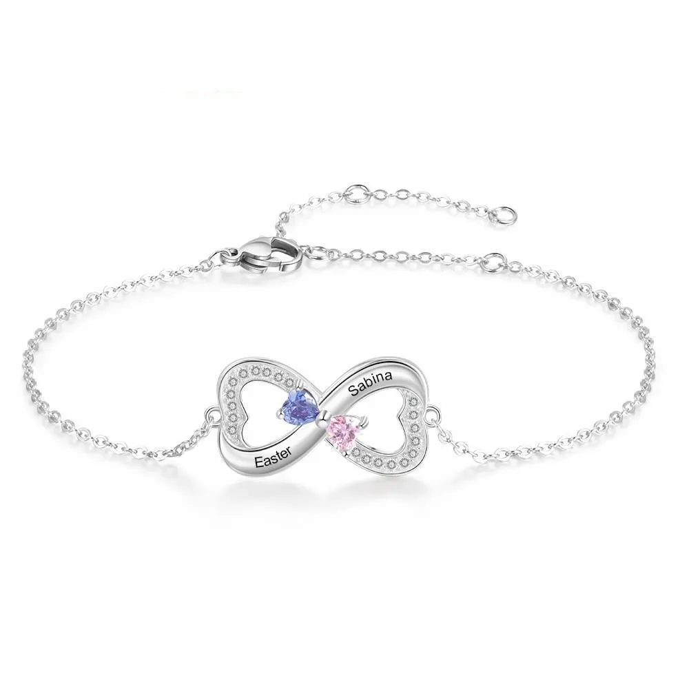 925 Sterling Silver Customized Infinity Bracelet with Heart Birthstone Personalized Engrave Name Bracelets for Lovers