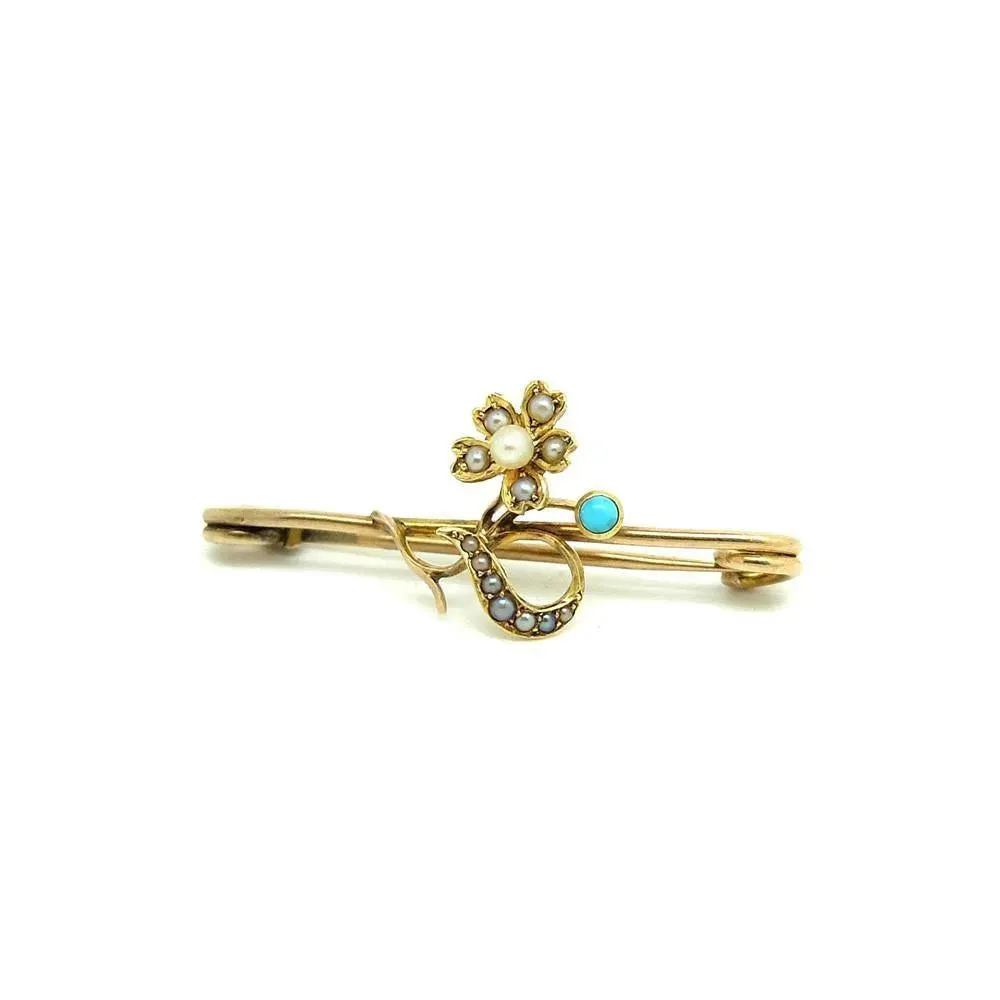 Antique Victorian Seed Pearl & Turquoise Gold Bar Brooch