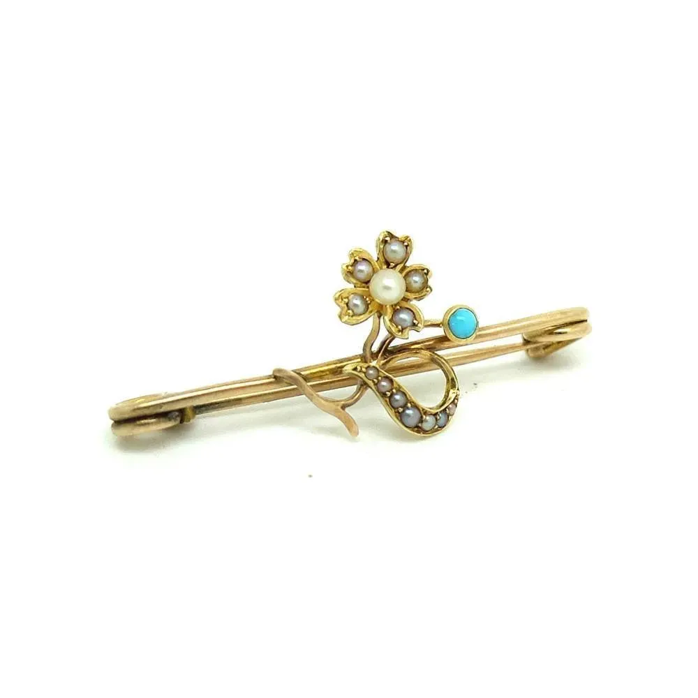 Antique Victorian Seed Pearl & Turquoise Gold Bar Brooch