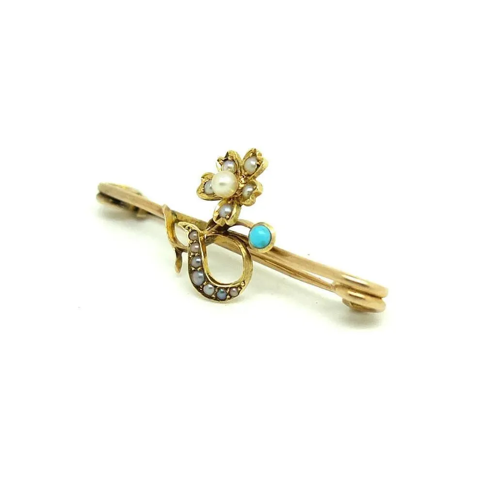 Antique Victorian Seed Pearl & Turquoise Gold Bar Brooch