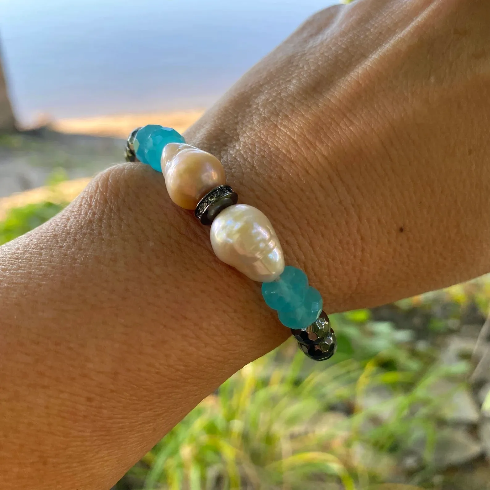 Aqua Blue Beaded Stretchy Bracelets, Chalcedony, Hematite Druzy Agate & Baroque Pearl Bracelet, Each Sold Separately