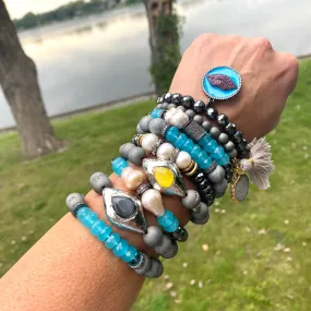 Aqua Blue Beaded Stretchy Bracelets, Chalcedony, Hematite Druzy Agate & Baroque Pearl Bracelet, Each Sold Separately