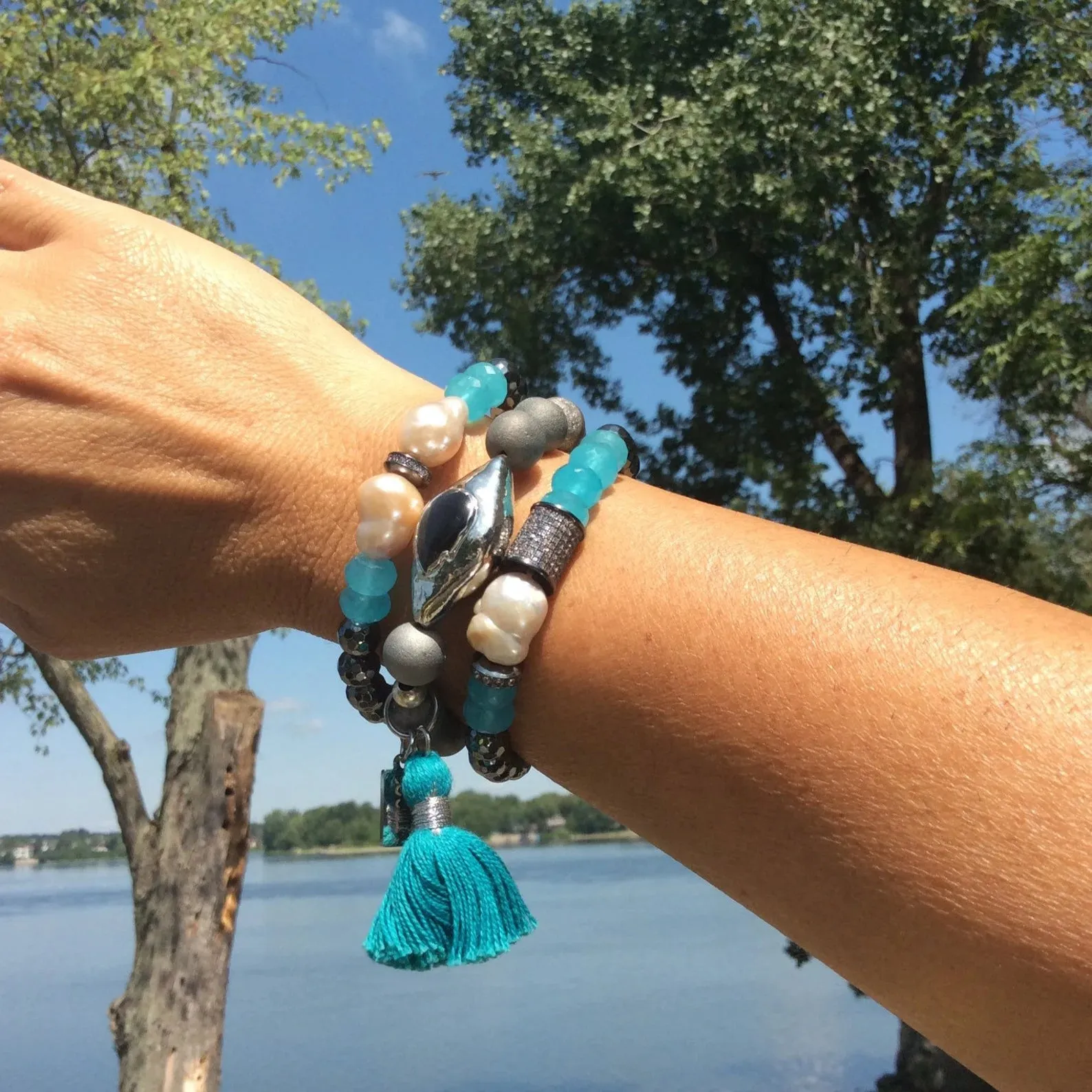 Aqua Blue Beaded Stretchy Bracelets, Chalcedony, Hematite Druzy Agate & Baroque Pearl Bracelet, Each Sold Separately