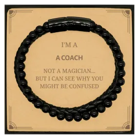 Badass Coach Gifts, I'm Coach not a magician, Sarcastic Stone Leather Bracelets for Coach Birthday Christmas for  Men, Women, Friends, Coworkers