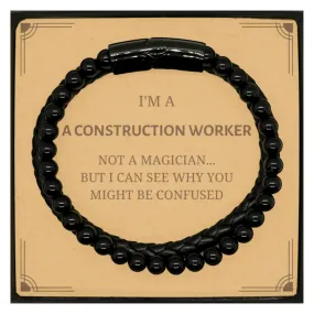 Badass Construction Worker Gifts, I'm Construction Worker not a magician, Sarcastic Stone Leather Bracelets for Construction Worker Birthday Christmas for  Men, Women, Friends, Coworkers