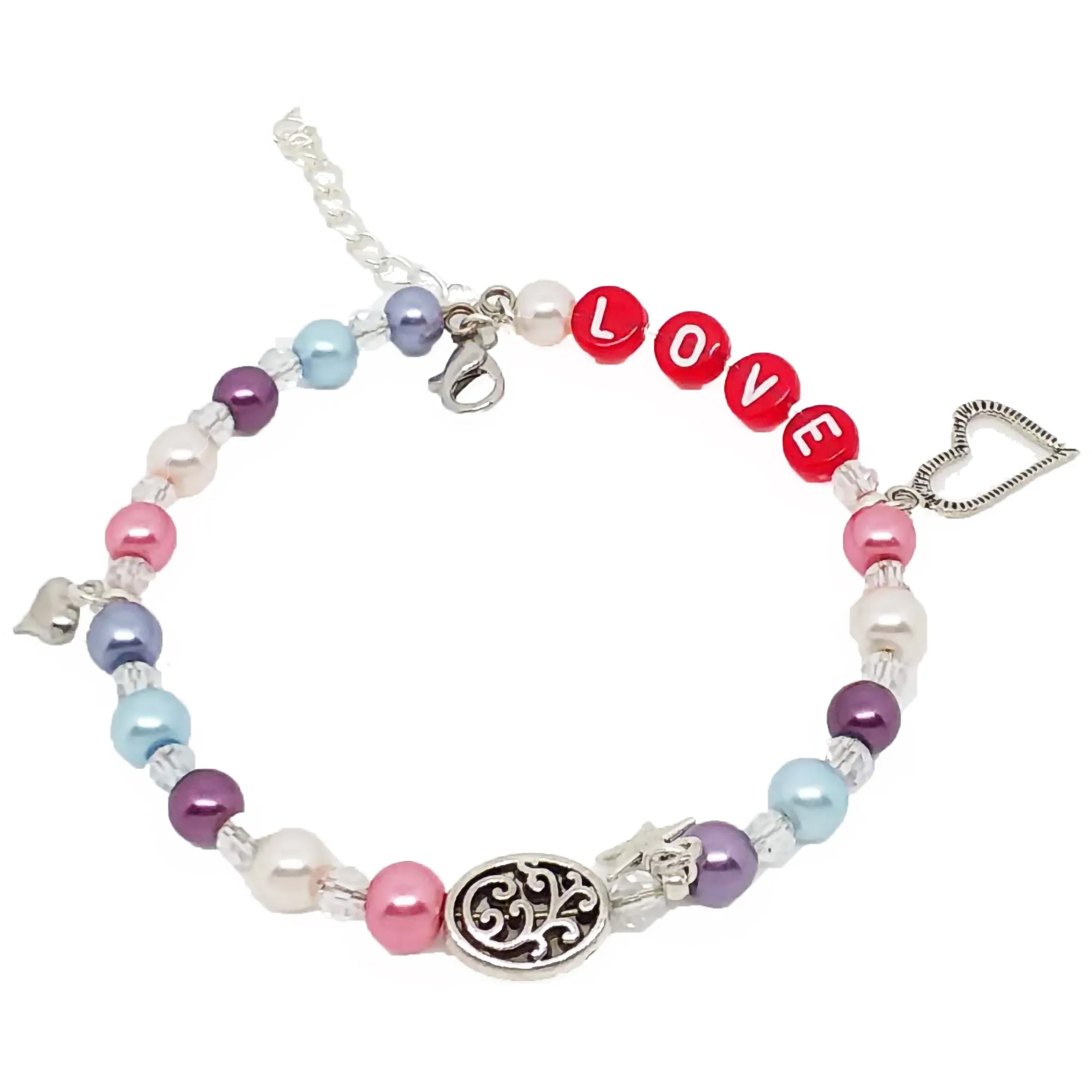 Bead Statement Bracelets - Stackable Beaded Memory Wire Lobster Clasp Bangles Shiny Glass with Love   Heart Charms