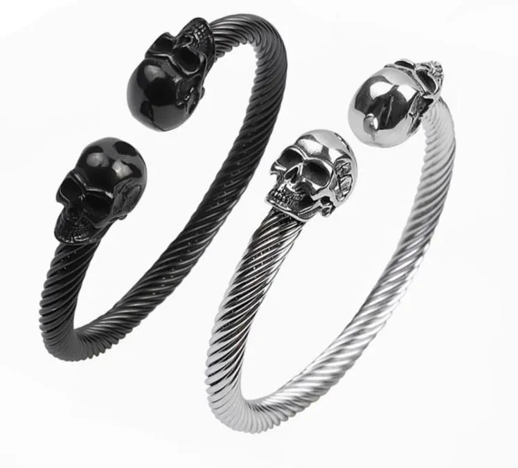 Black/Silver Stainless Steel Skull Bangle Bracelet