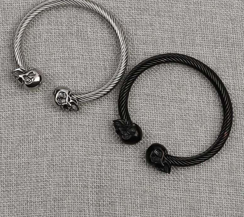 Black/Silver Stainless Steel Skull Bangle Bracelet