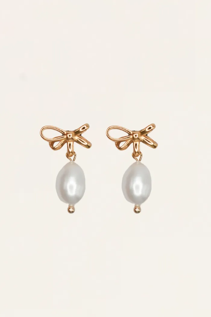 Bow Drop Pearl Earrings - Gold