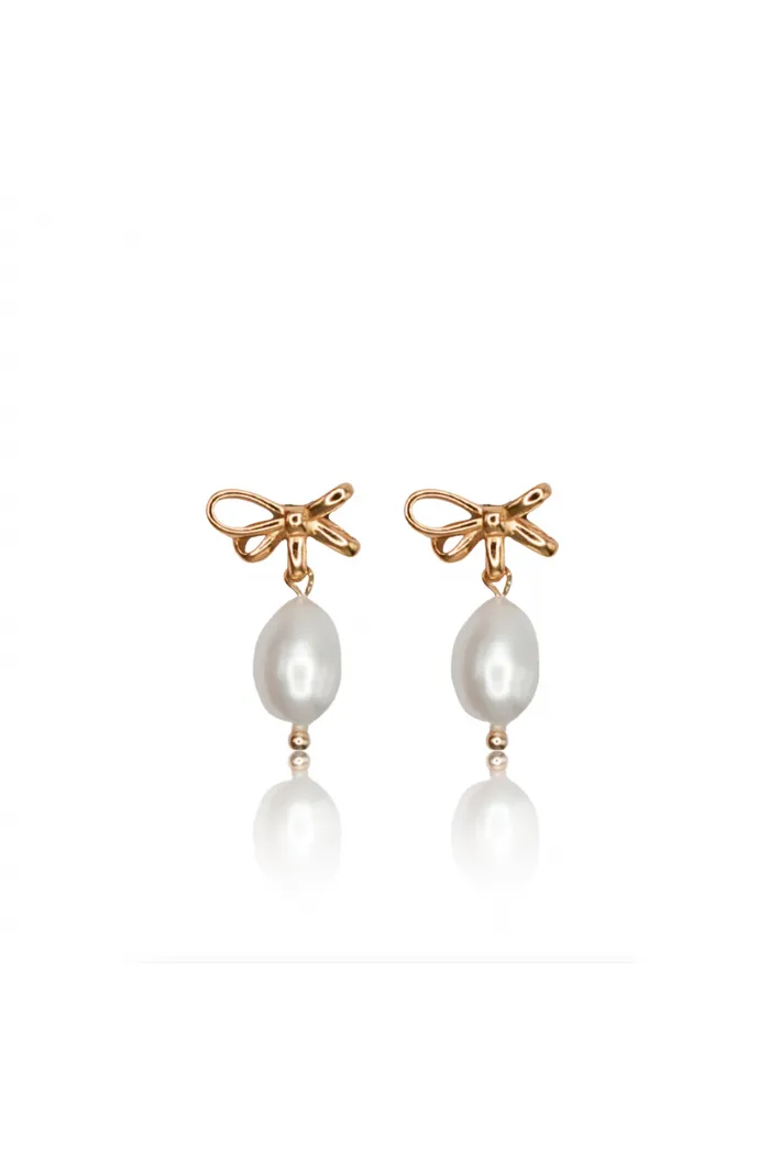 Bow Drop Pearl Earrings - Gold