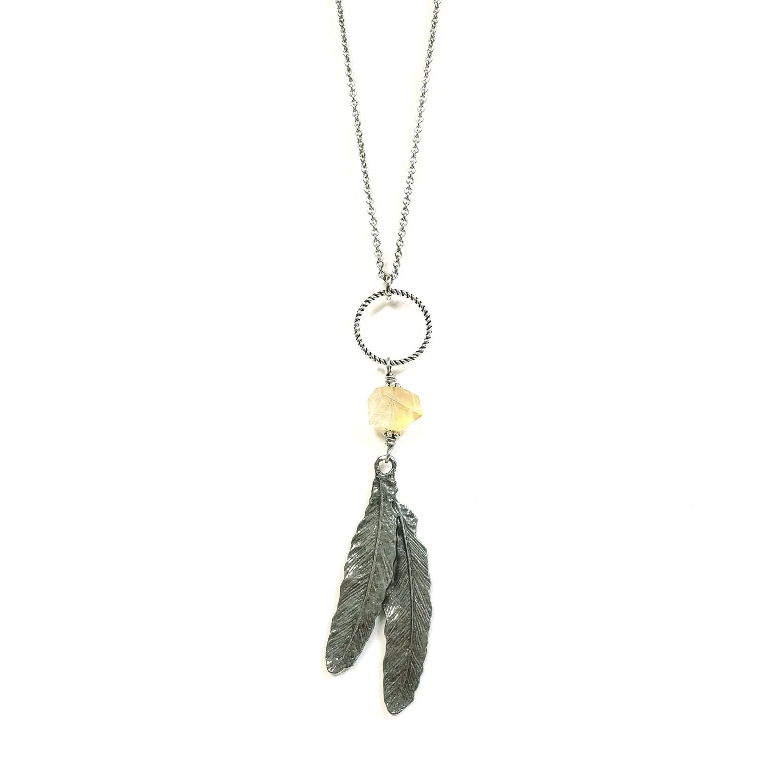 Citrine feather ring drop necklace