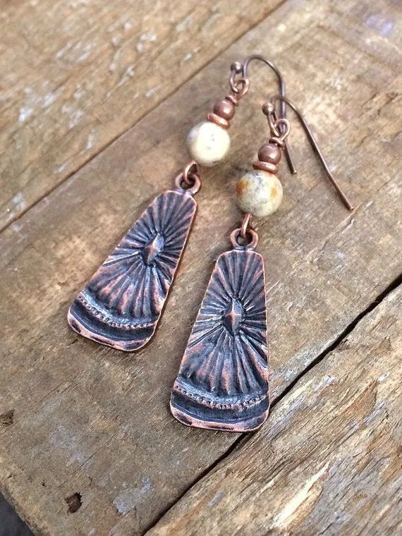 Copper Earrings, Bohemian Earrings, Boho Dangle Earrings, Agate Stone Earrings