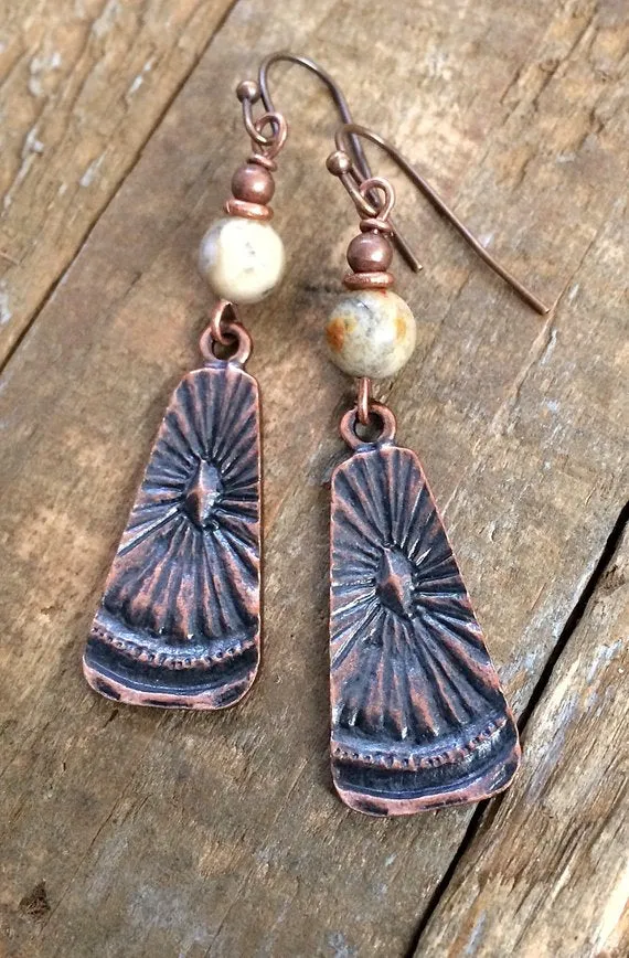 Copper Earrings, Bohemian Earrings, Boho Dangle Earrings, Agate Stone Earrings