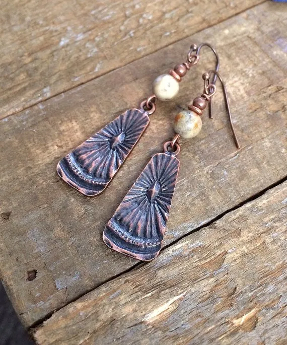 Copper Earrings, Bohemian Earrings, Boho Dangle Earrings, Agate Stone Earrings