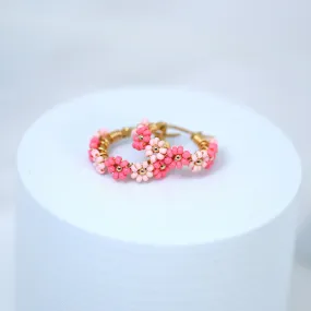 Gold Pink Color Beaded Hoop Earrings, Bridal Earrings, Wedding Guest Earrings, Statement Earrings.