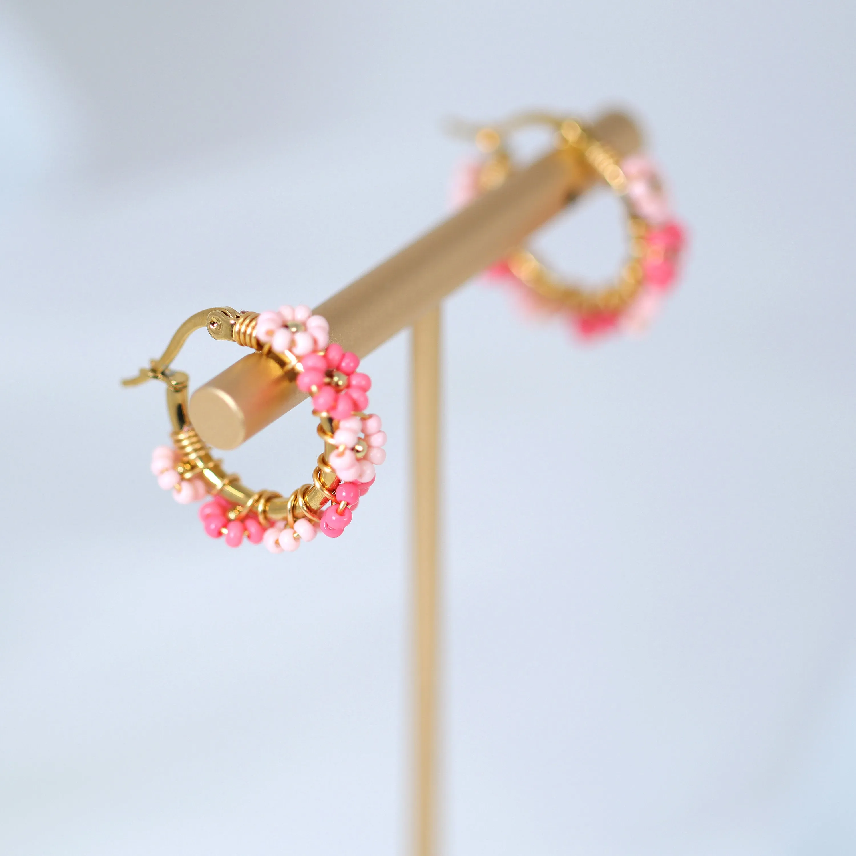 Gold Pink Color Beaded Hoop Earrings, Bridal Earrings, Wedding Guest Earrings, Statement Earrings.