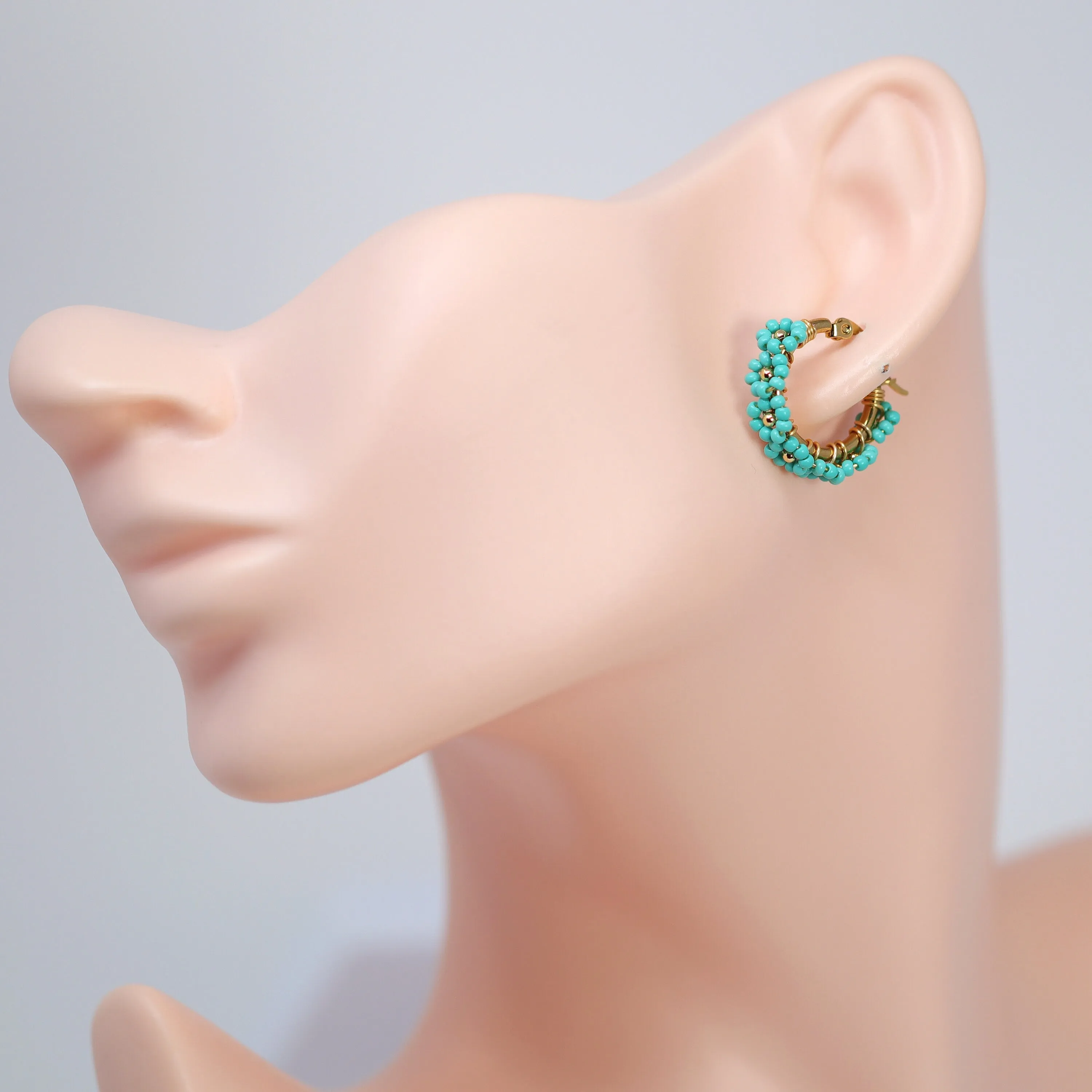 Gold Turquoise Blue Color Beaded Hoop Earrings, Bridal Earrings, Wedding Guest Earrings, Statement Earrings.