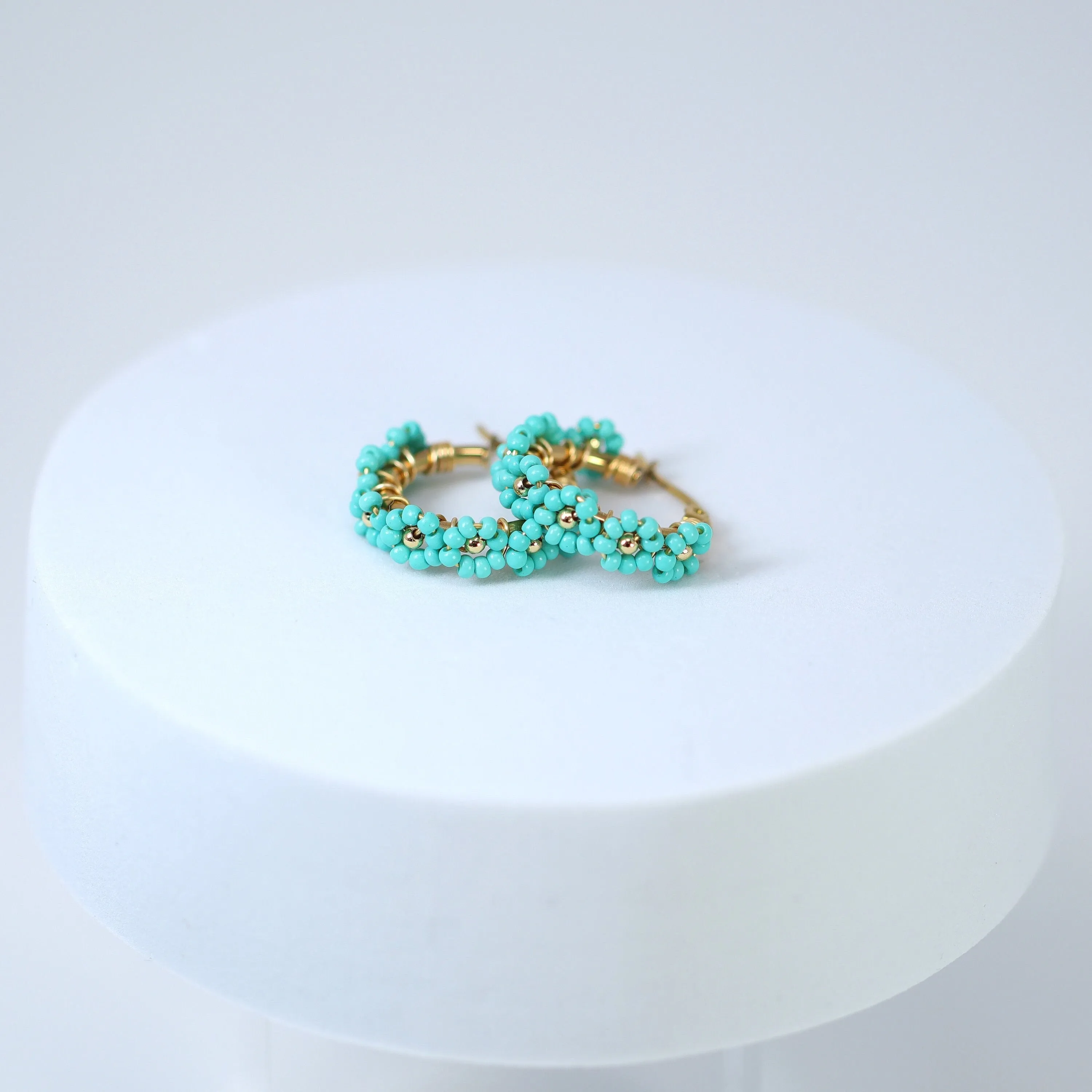 Gold Turquoise Blue Color Beaded Hoop Earrings, Bridal Earrings, Wedding Guest Earrings, Statement Earrings.