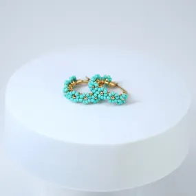 Gold Turquoise Blue Color Beaded Hoop Earrings, Bridal Earrings, Wedding Guest Earrings, Statement Earrings.