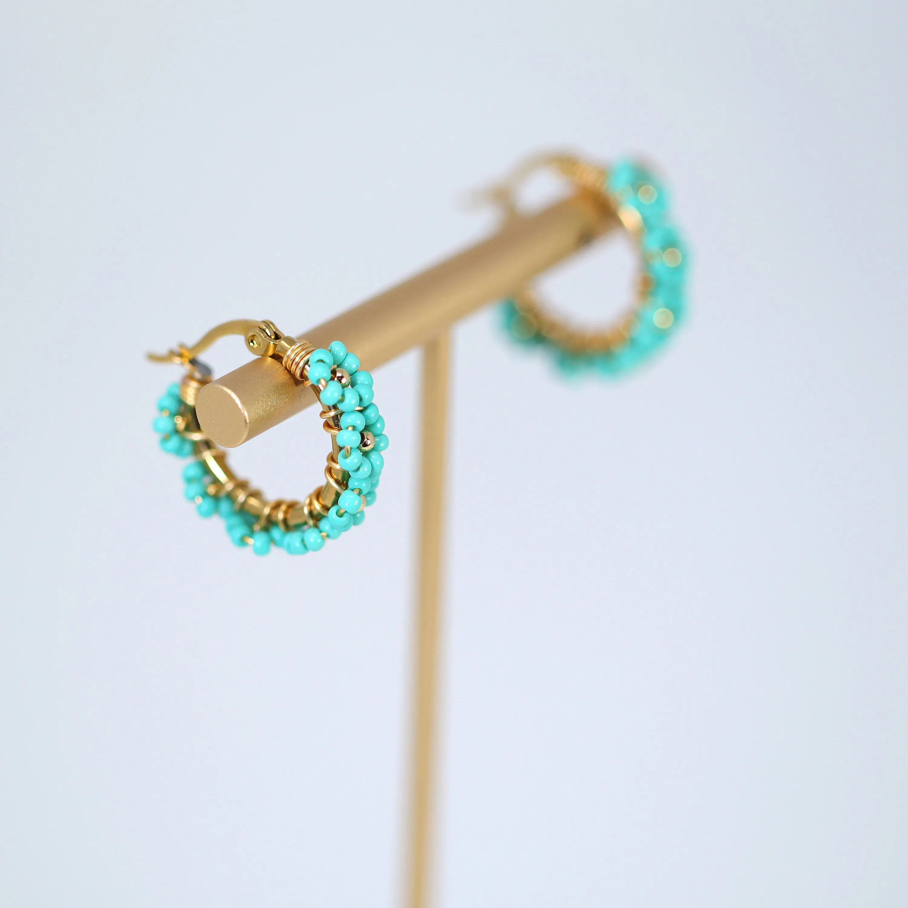 Gold Turquoise Blue Color Beaded Hoop Earrings, Bridal Earrings, Wedding Guest Earrings, Statement Earrings.