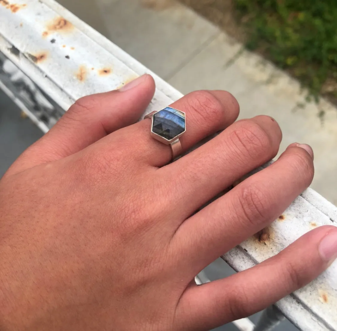 Hexagon flat labradorite ring