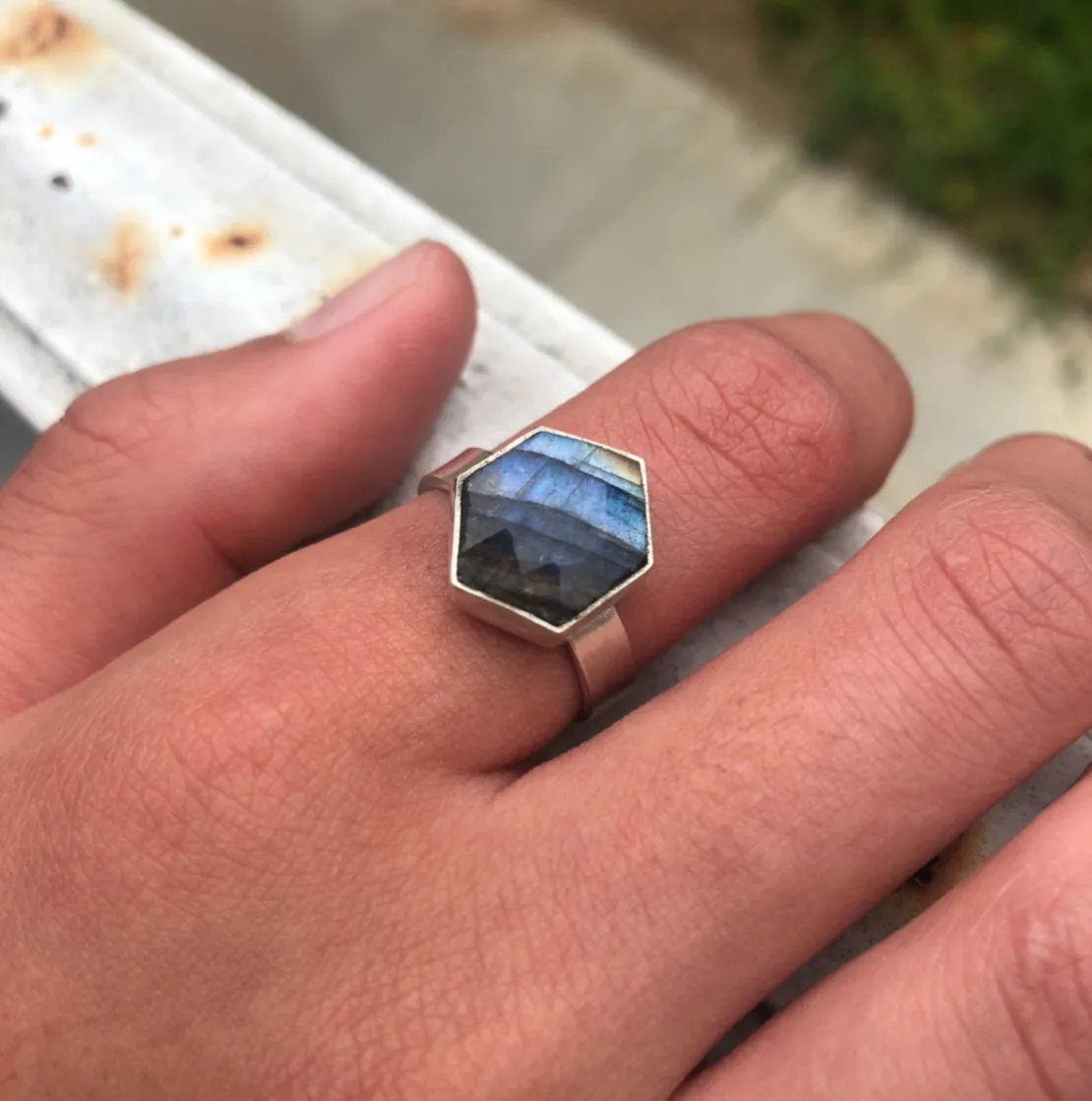 Hexagon flat labradorite ring