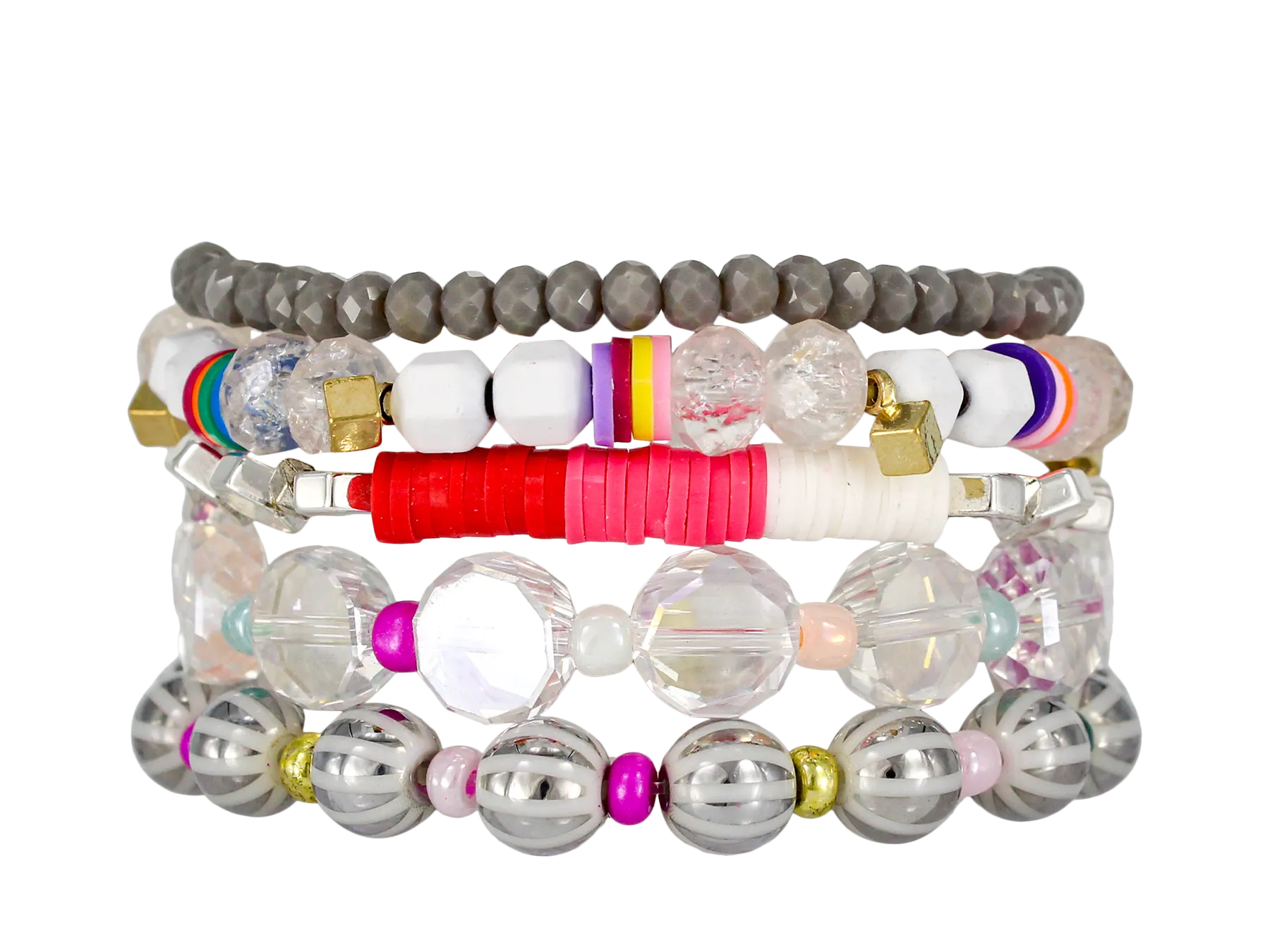 {KIRBY} Erimish White, Silver   Rainbow Beads Stack {Set of 5 Bracelets}