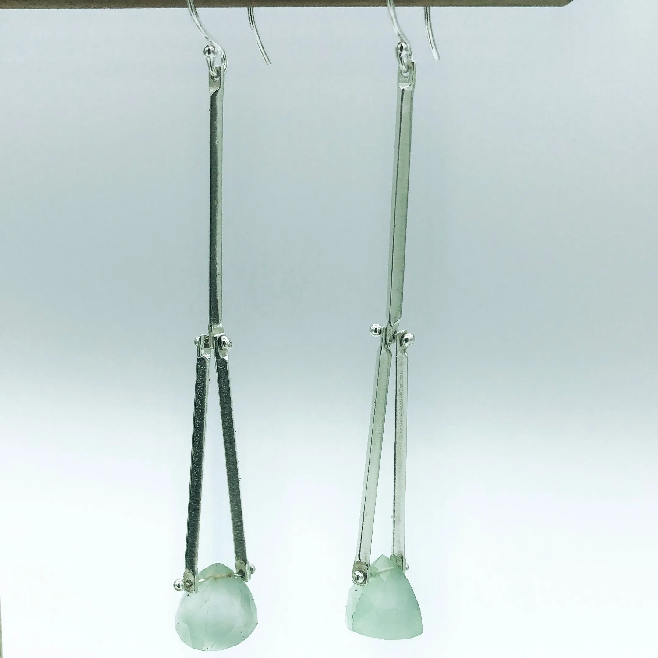 Long twist stick earrings in green amethysts