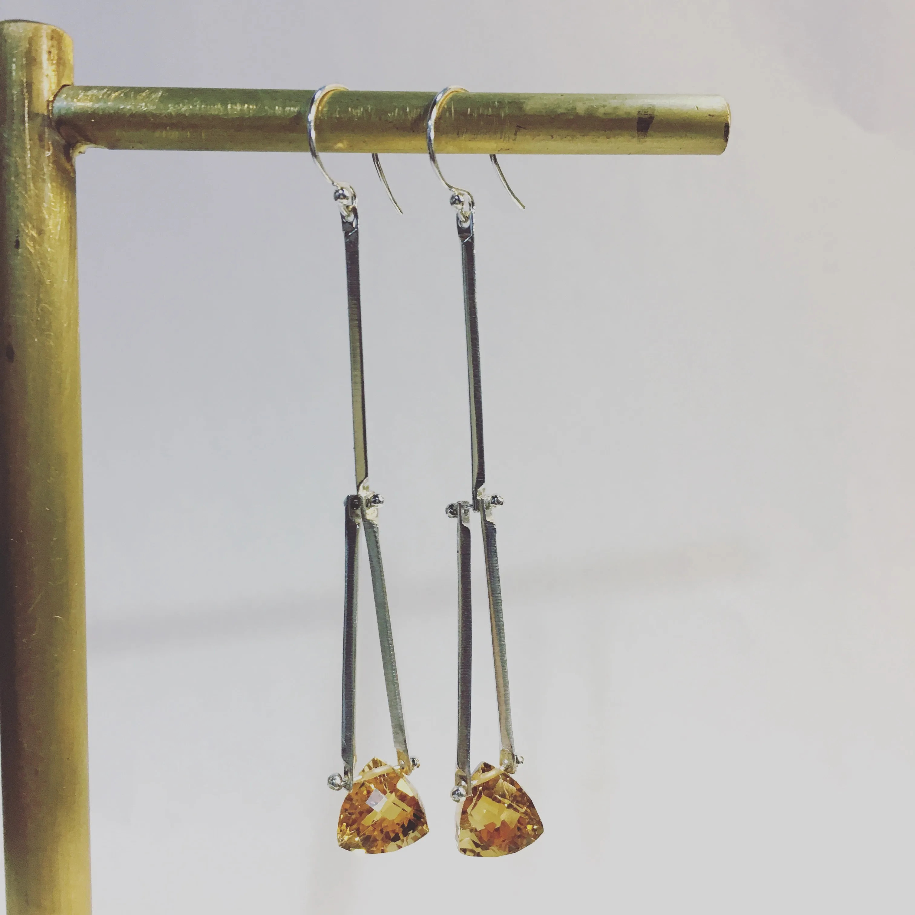 Long twist stick earrings in green amethysts