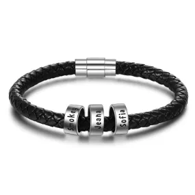 Men Leather Bracelet with 3 Names Beads Customized Family Names Black Rope Magentic Buckle Bracelets for Men