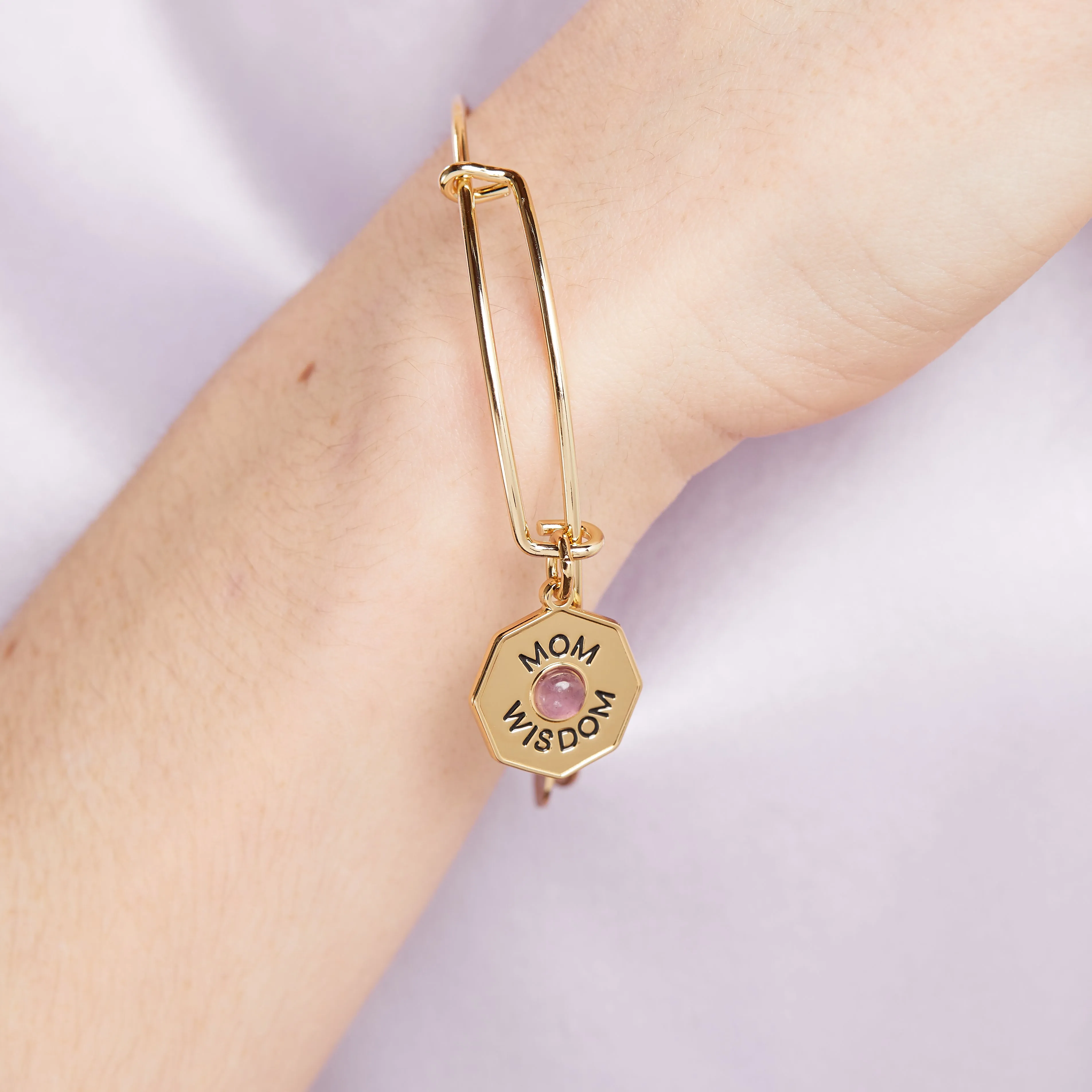 'Mom, Wisdom' Amethyst Charm Bangle Bracelet