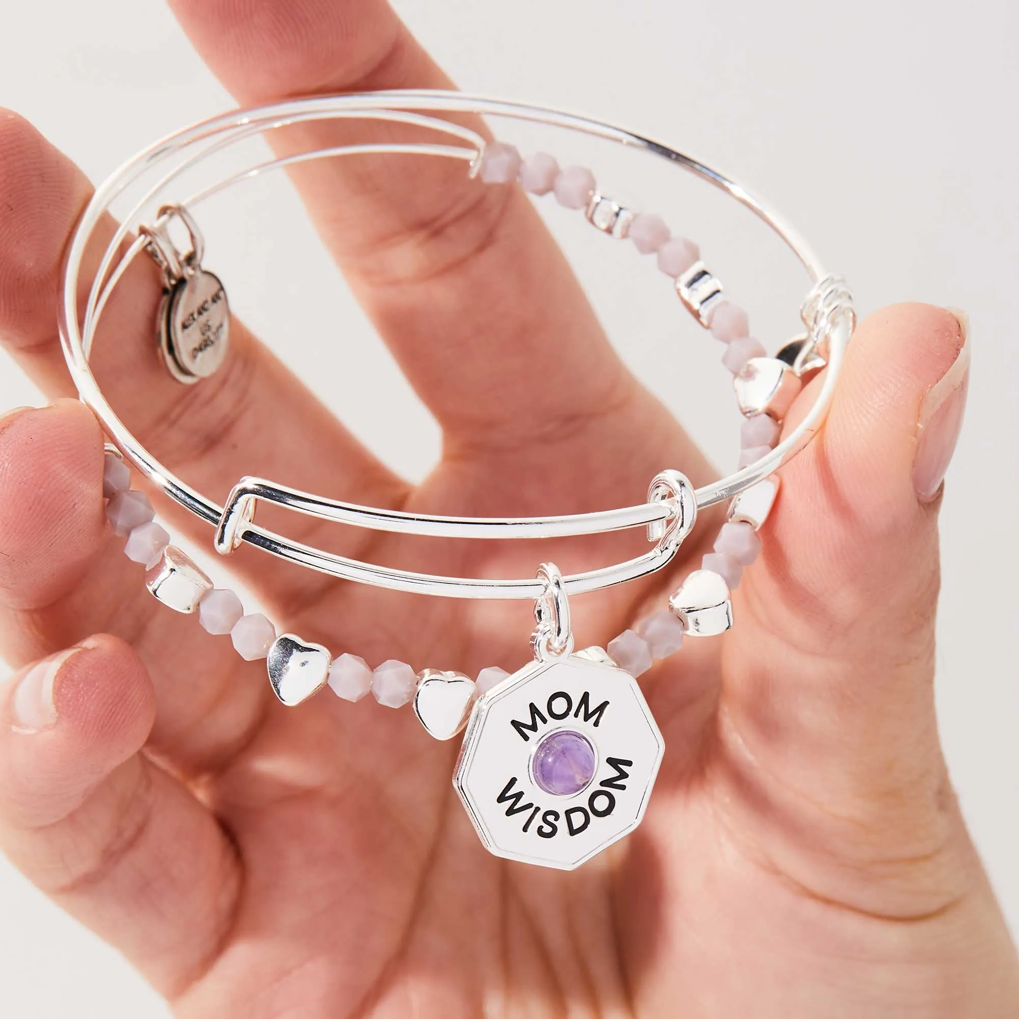 'Mom, Wisdom' Amethyst Charm Bangle Bracelet