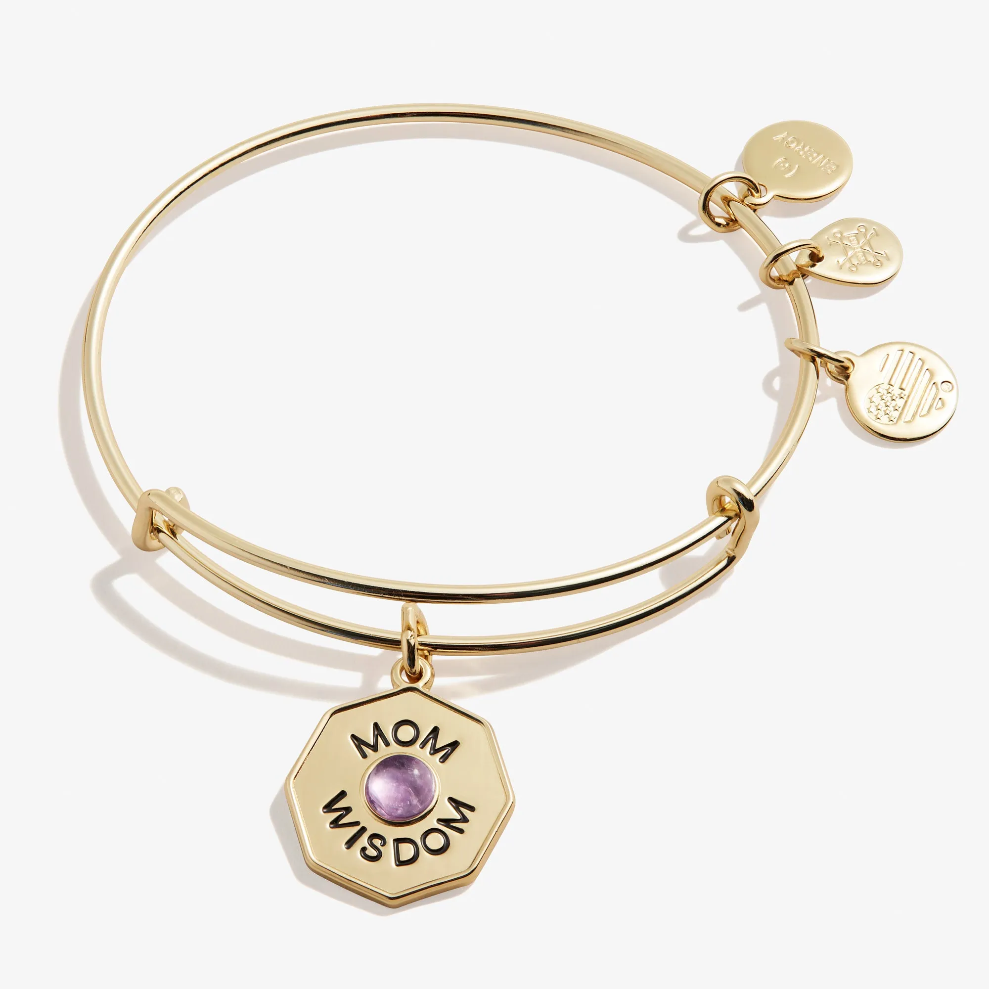 'Mom, Wisdom' Amethyst Charm Bangle Bracelet