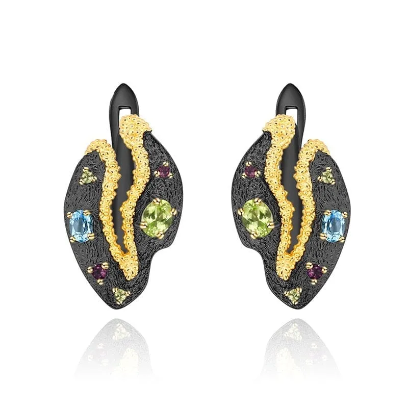 Multicolor Floral Peridot Clip Black Earrings