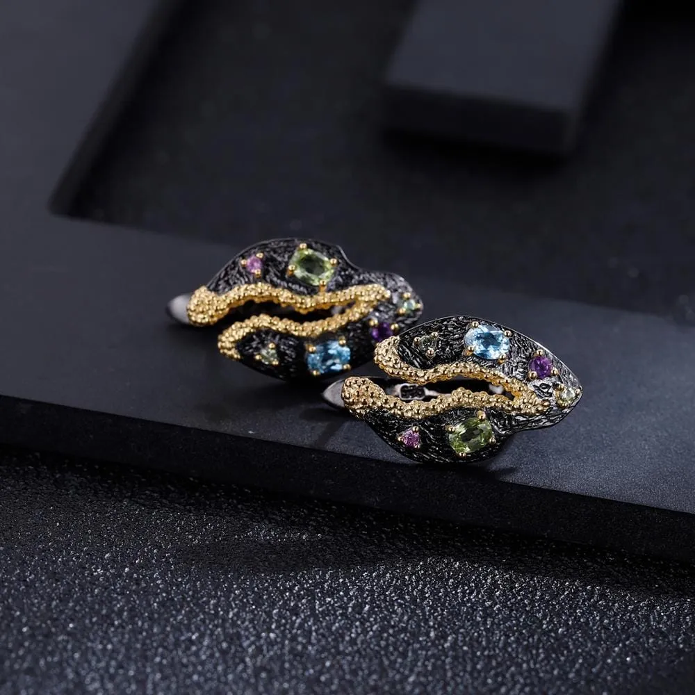 Multicolor Floral Peridot Clip Black Earrings