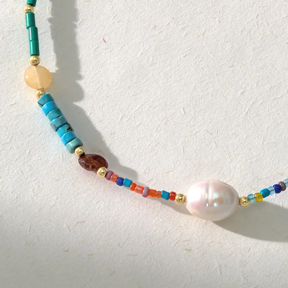 Natural Beaded Gemstone Colorful & Pearl Choker Necklace