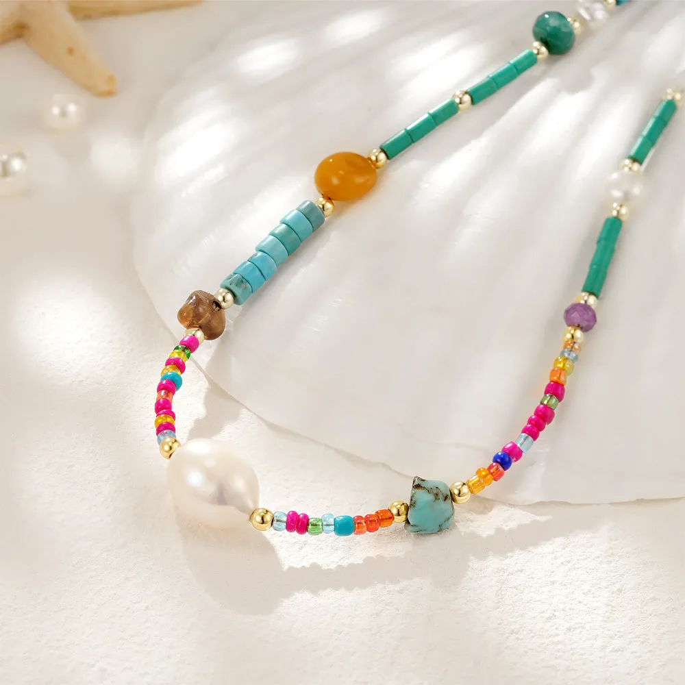 Natural Beaded Gemstone Colorful & Pearl Choker Necklace