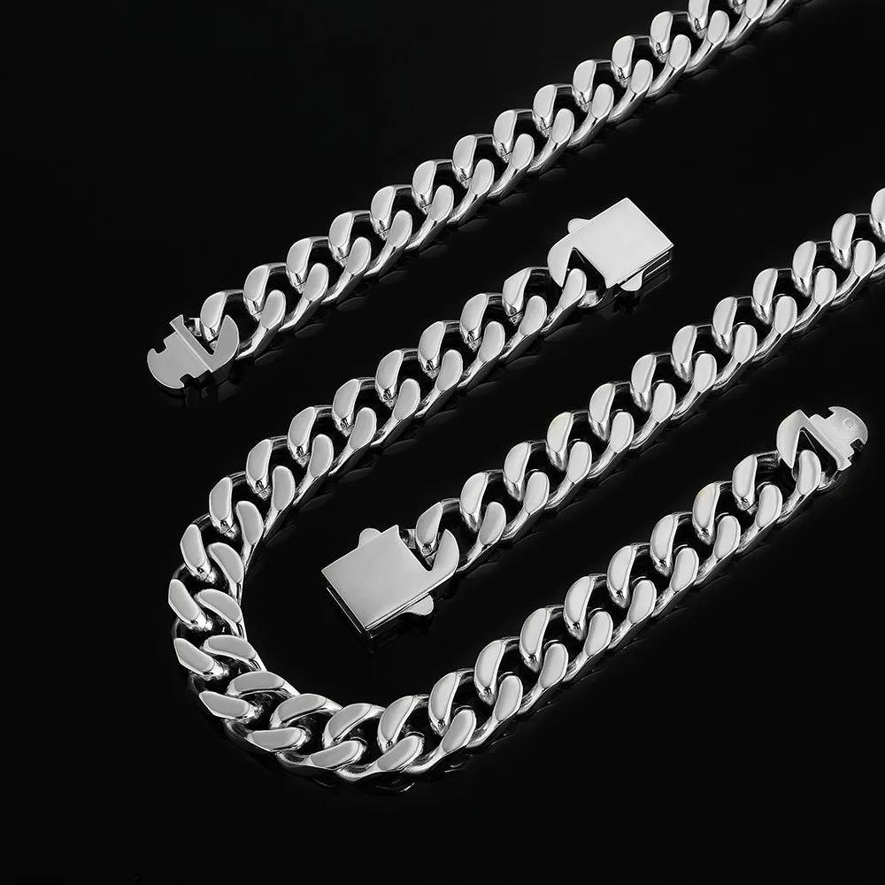 【NEW】12mm Miami Cuban Link Curb Chain and Bracelets Set with Hook Buckle Clasp in White Gold