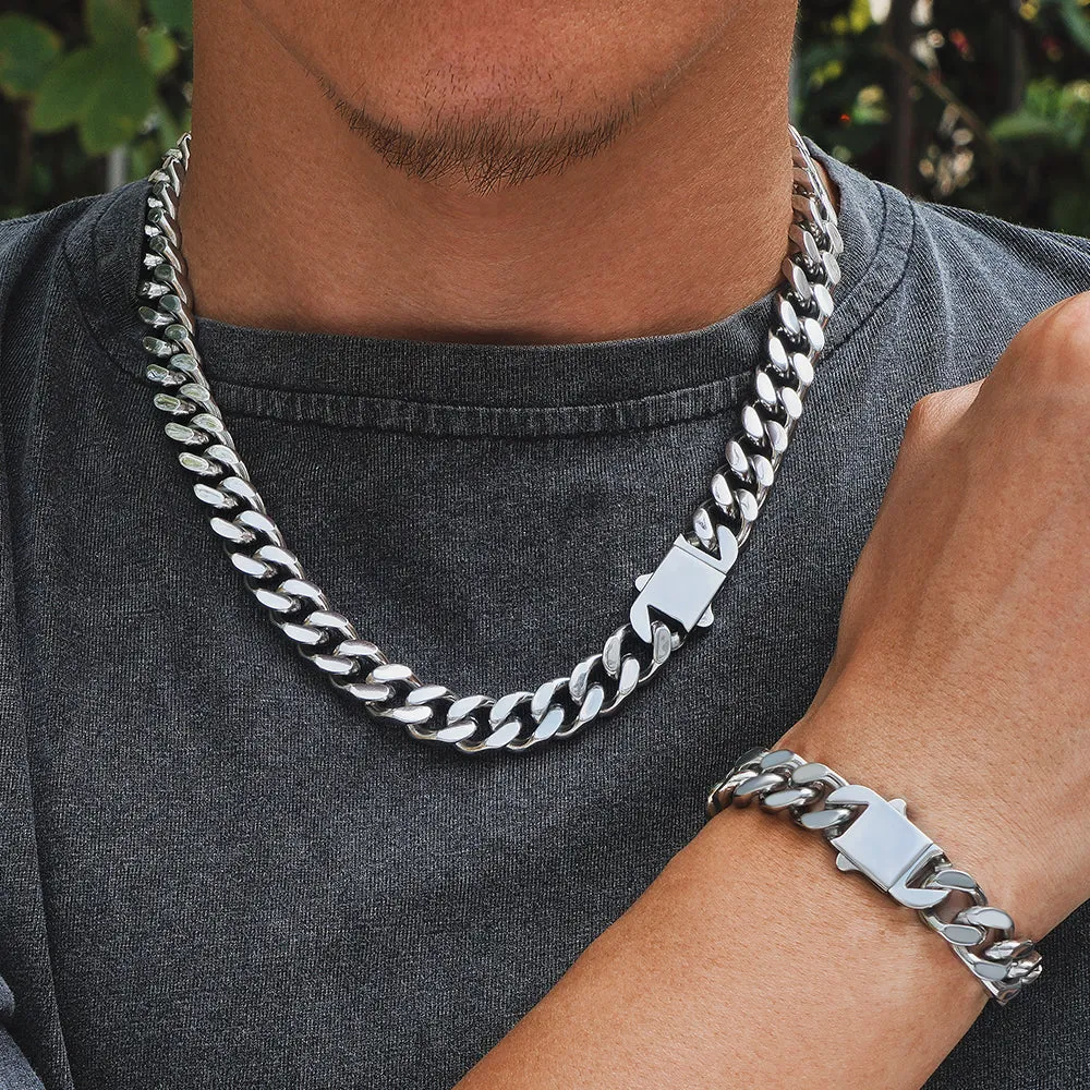 【NEW】12mm Miami Cuban Link Curb Chain and Bracelets Set with Hook Buckle Clasp in White Gold