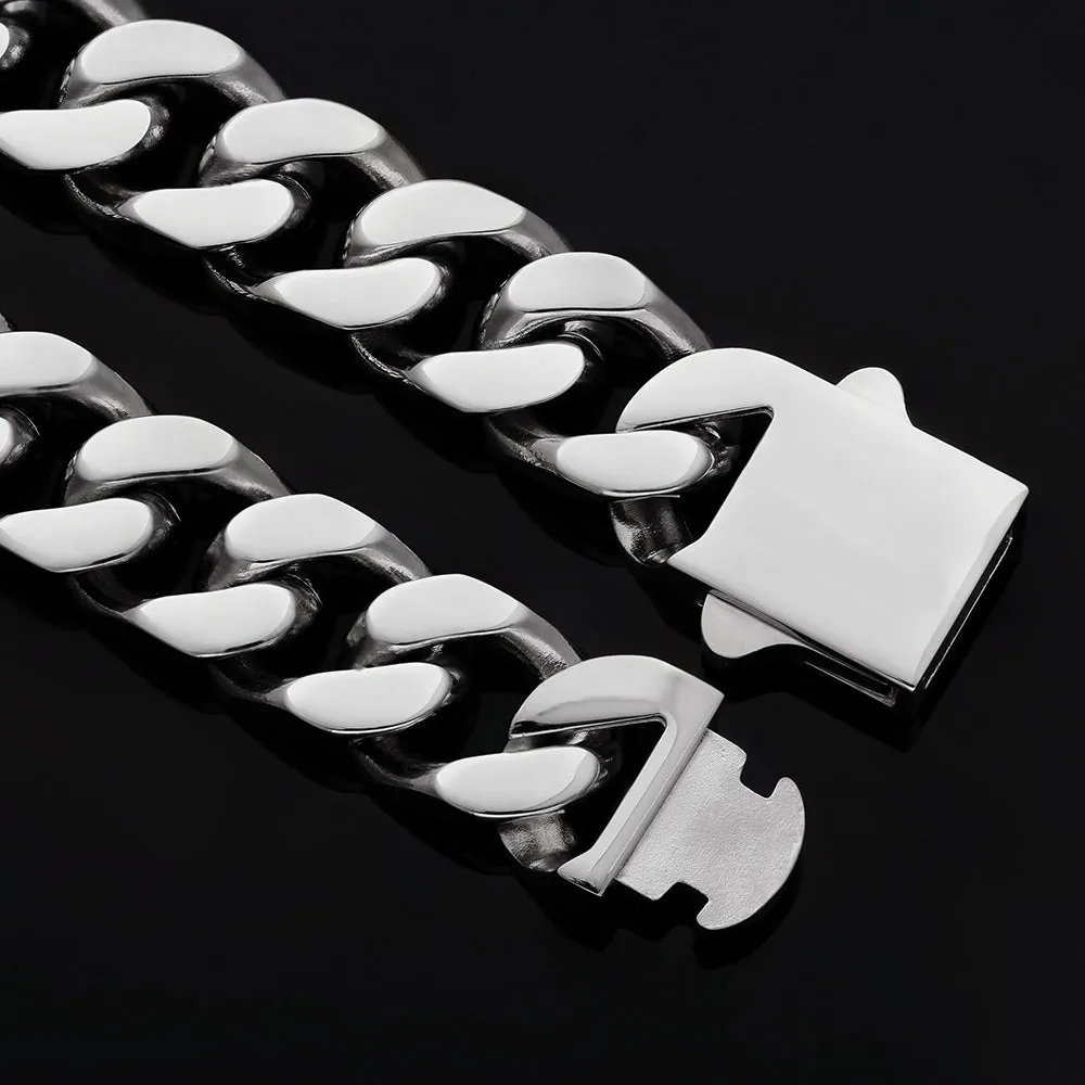 【NEW】12mm Miami Cuban Link Curb Chain and Bracelets Set with Hook Buckle Clasp in White Gold