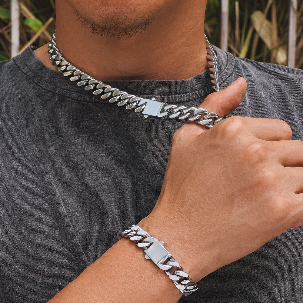 【NEW】12mm Miami Cuban Link Curb Chain and Bracelets Set with Hook Buckle Clasp in White Gold