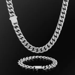 【NEW】12mm Miami Cuban Link Curb Chain and Bracelets Set with Hook Buckle Clasp in White Gold